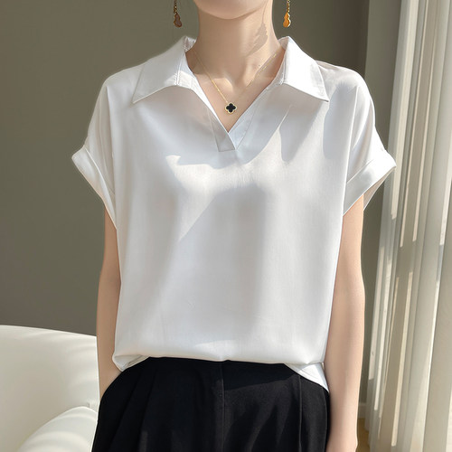 捡漏！断码真丝短袖女POLO领翻领宽松上衣高级感夏季显瘦醋酸打底