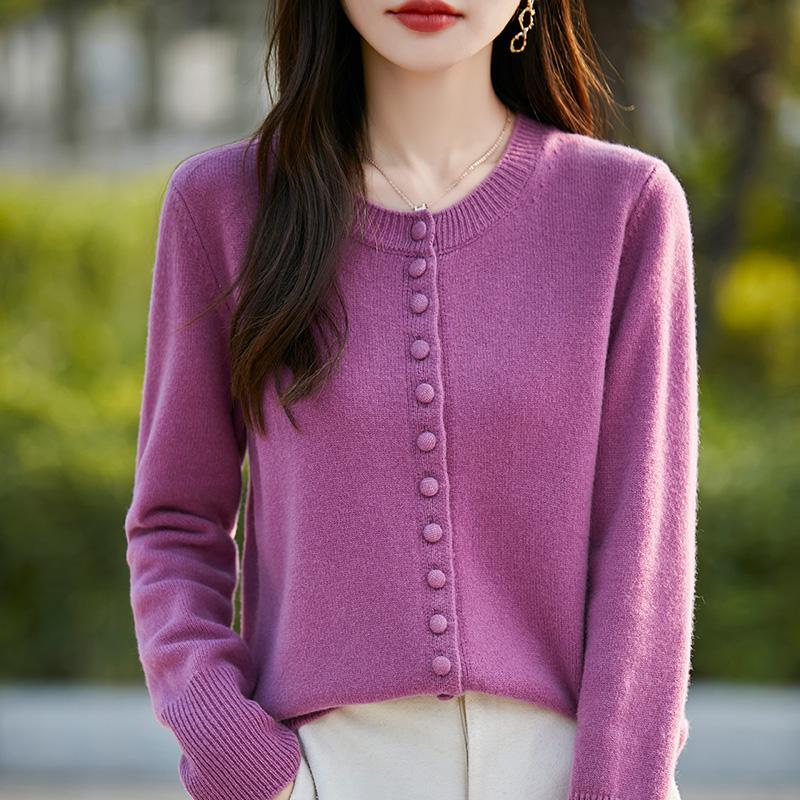 圆领100%纯羊绒开衫女士加厚长袖纽扣毛衣外套宽松羊毛衫针织上衣