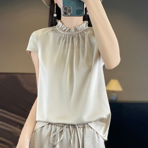 高级感100%真丝短袖t恤女新款木耳领气质百搭显瘦桑蚕丝缎面衬衫