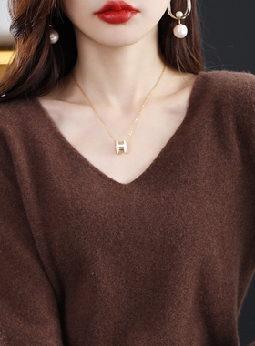 2023新款春秋v领羊毛衫女薄款针织衫套头宽松打底衫短款羊绒纯色