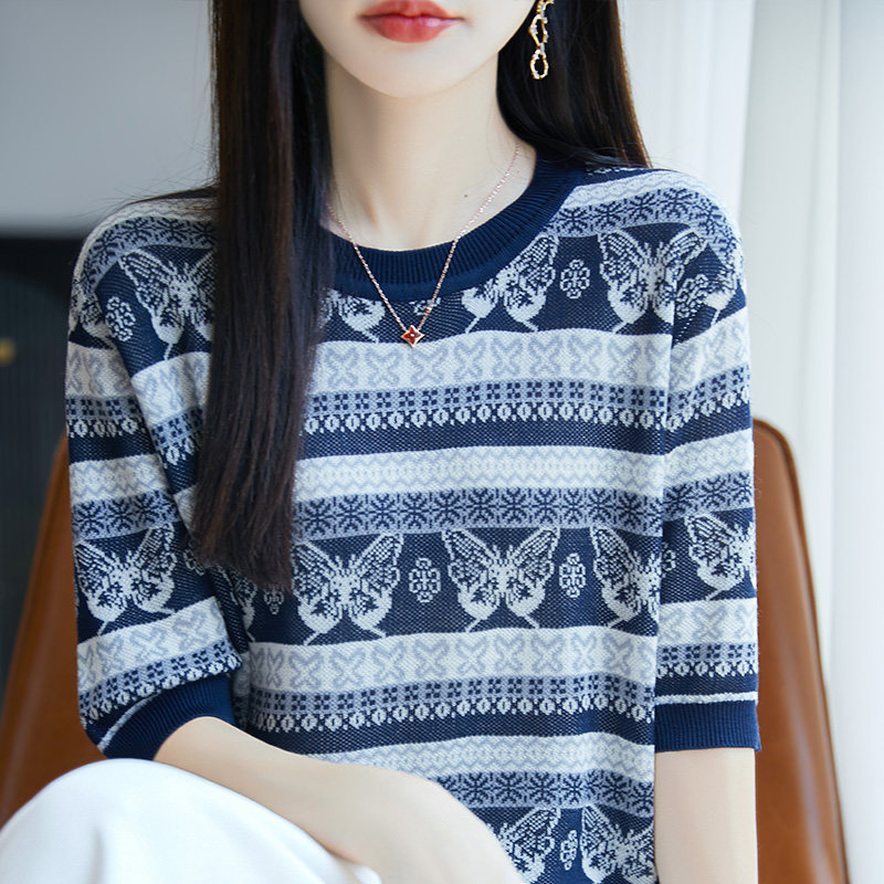 提花条纹莱塞尔针织V领短袖T恤圆领套头女25凉感舒适宽松显瘦上衣