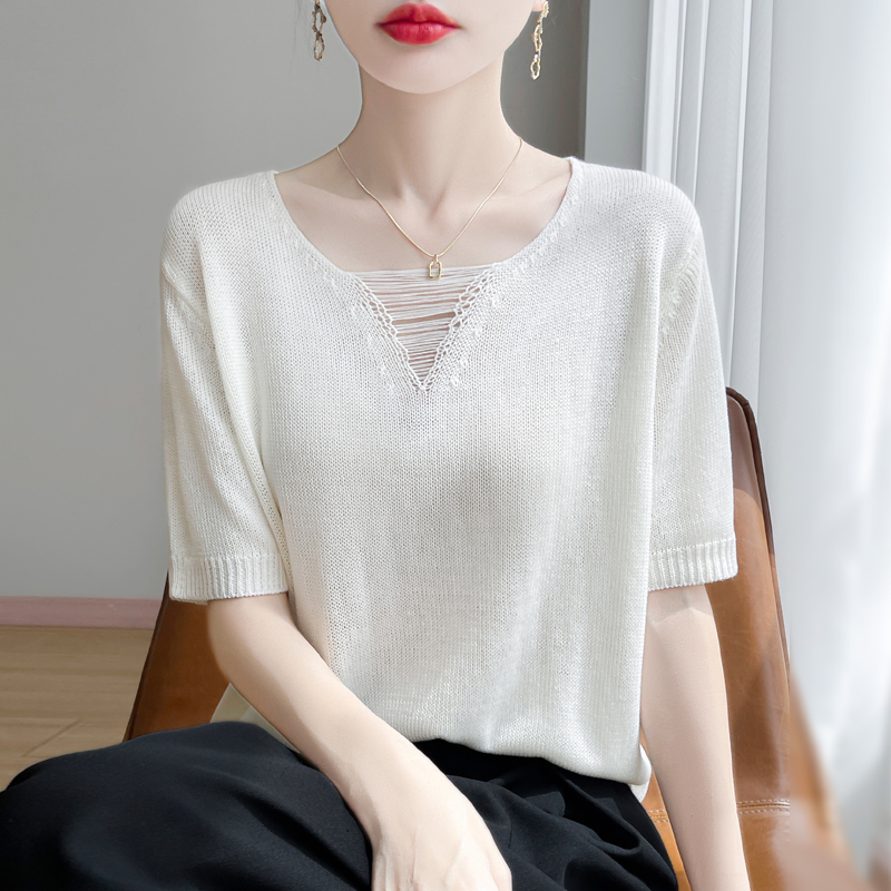 天丝亚麻纯色短袖针织衫女25夏季新款时尚简约宽松百搭上衣外穿韩