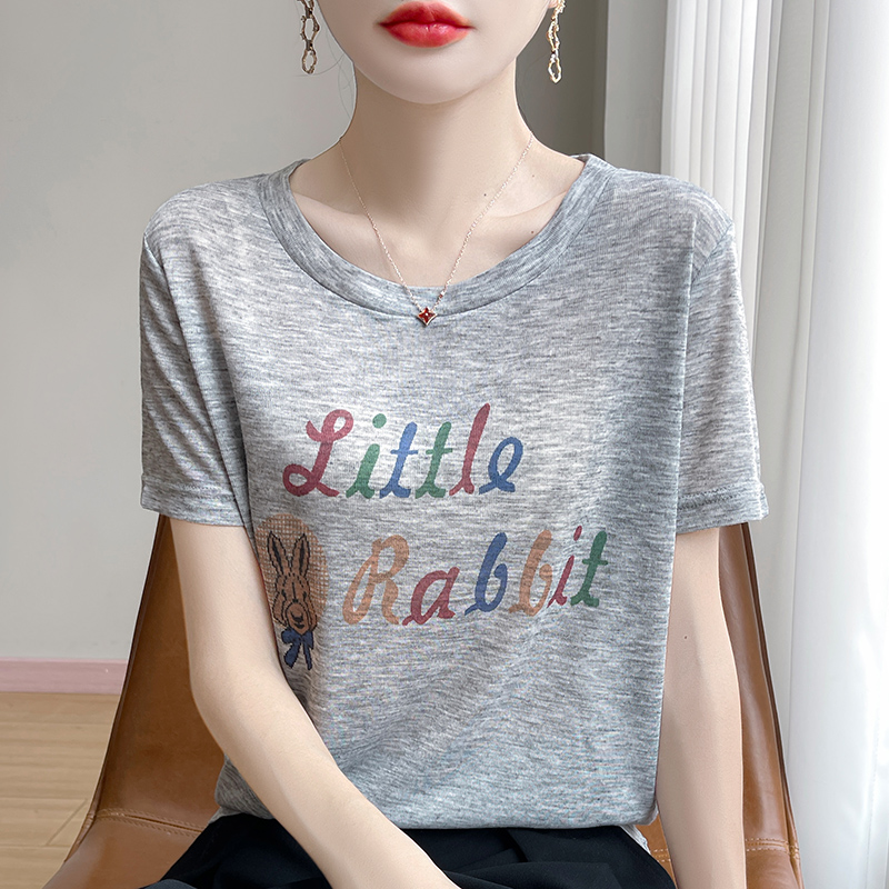 2025夏新款圆领冰丝竹节亚麻薄款短袖针织女高度T恤上衣防晒减龄