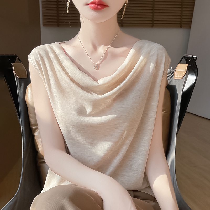 2025夏季新款高端气质荡领纯色无袖T恤女气质百搭显瘦设计感上衣