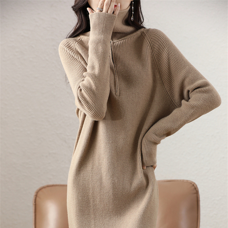 韩高领毛衣裙女中长款羊绒宽松