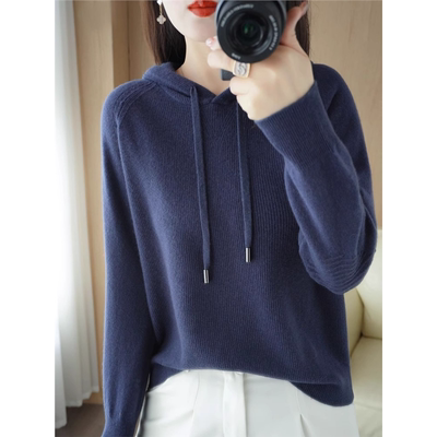 时尚纯色百搭休闲连帽针织卫衣秋冬季宽松慵懒风带帽毛衣外套上衣