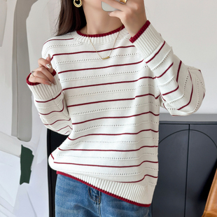 纯棉线红白条纹毛衣女套头2025年春秋新款长袖宽松圆领针织打底衫