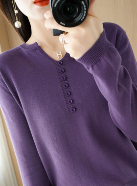 纯棉线V领针织衫女宽松低领毛衣套头短款上衣春秋外穿打底衫