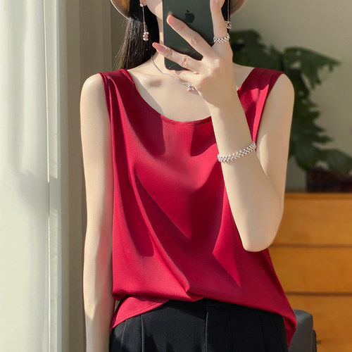 夏季桑蚕丝圆领真丝吊带背心女内搭冰丝白色西装醋酸打底缎面