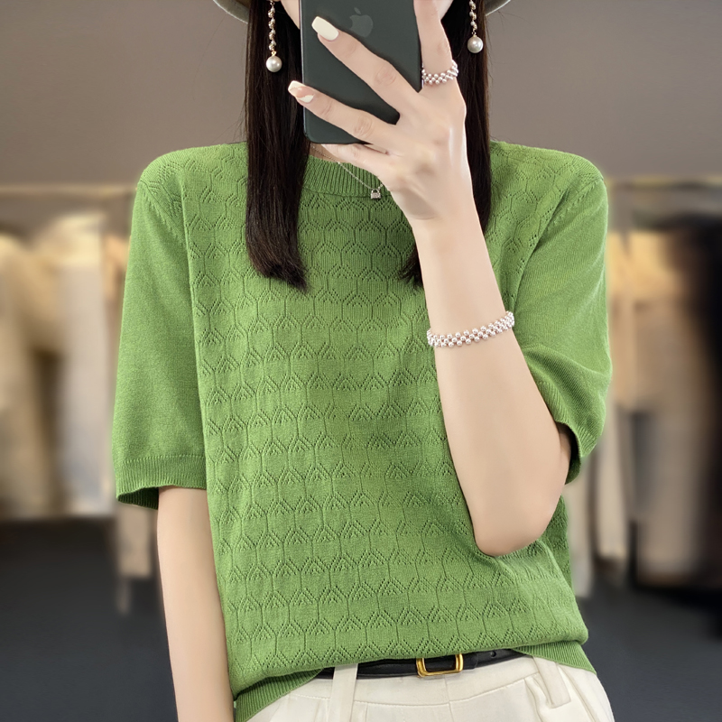 100%纯棉麻短袖t恤女夏季镂空薄款针织半袖韩版宽松显瘦内搭外穿