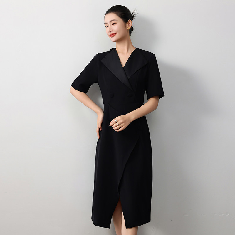 夏季翻领双面磨毛德绒面连衣裙女过膝开衫外套长裙宽松显瘦短袖