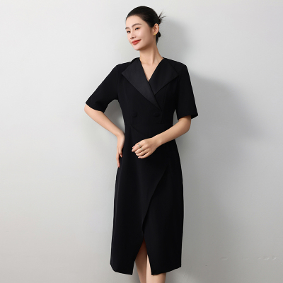 夏季翻领双面磨毛德绒面连衣裙女过膝开衫外套长裙宽松显瘦短袖