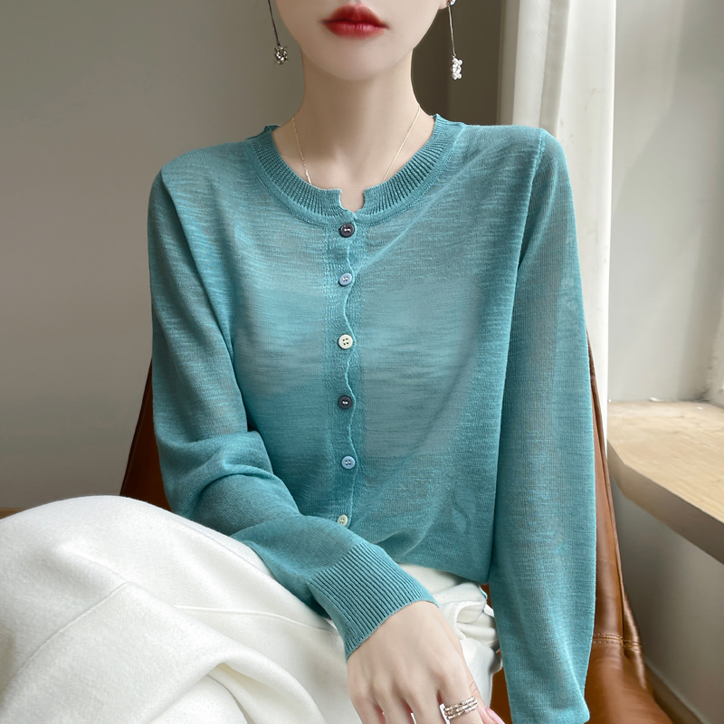 2024新款竹节棉麻防晒针织衫女薄款长袖上衣夏季宽松外搭针织开衫