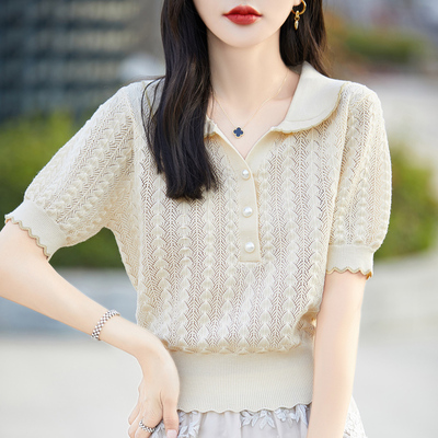 法式娃娃领短袖T恤女夏季2025新款设计感冰丝镂空针织衫洋气上衣