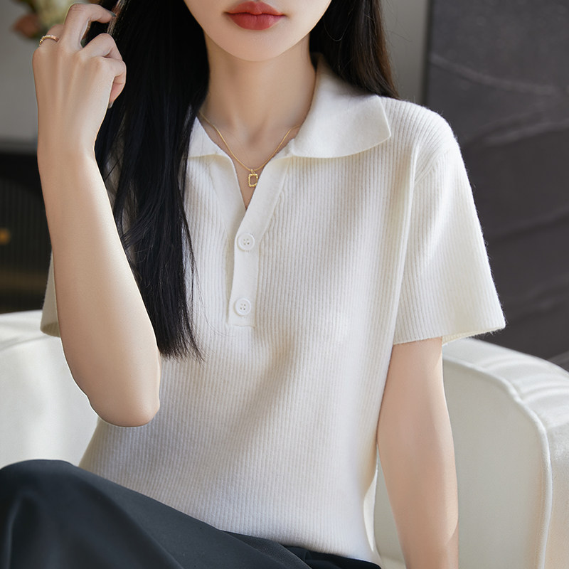 2025新款POLO领针织短袖T恤女设计小众时尚纽扣翻领上衣正肩体恤
