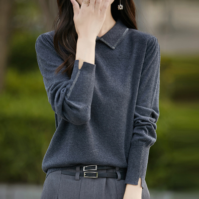 法式名媛纯色羊毛衫女2024秋季新款灯笼袖翻领镶钻打底衫薄款毛衣