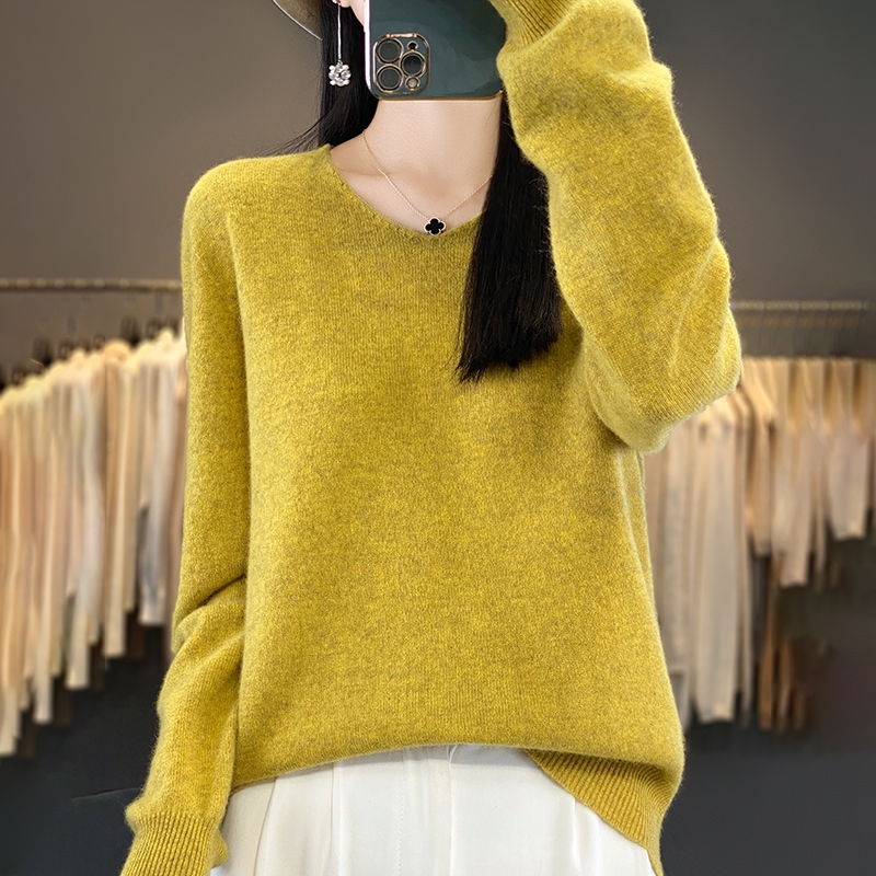 断码清仓新100纯羊毛衫女V领打底衫韩版针织衫2024秋季新款一线衫