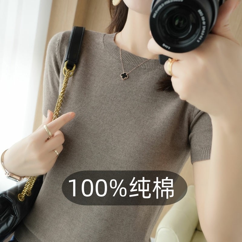 夏季新款100%纯棉线衣女圆领