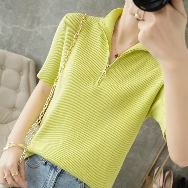 夏季新款T恤女修身短袖时尚立领