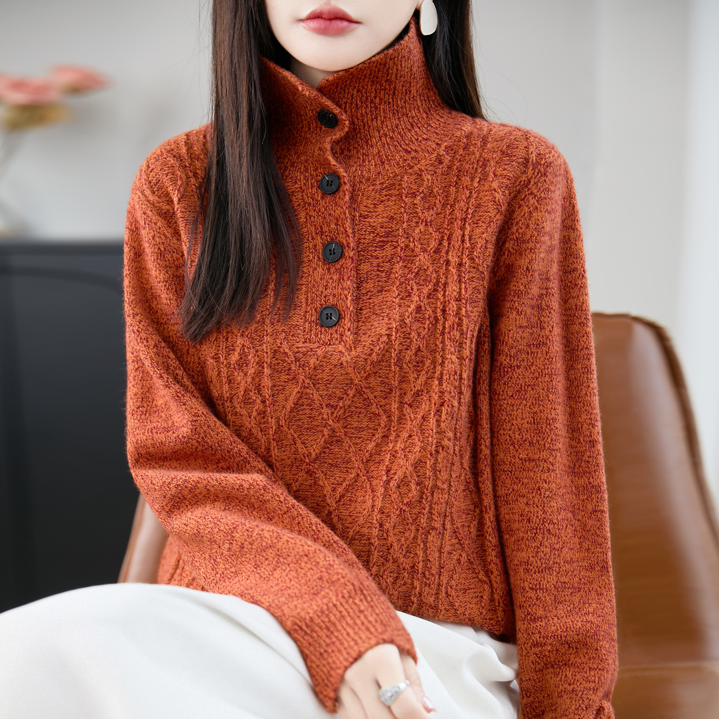 设计感纽扣高领羊毛毛衣女款秋冬外穿复古纹花打底针织羊毛衫上衣