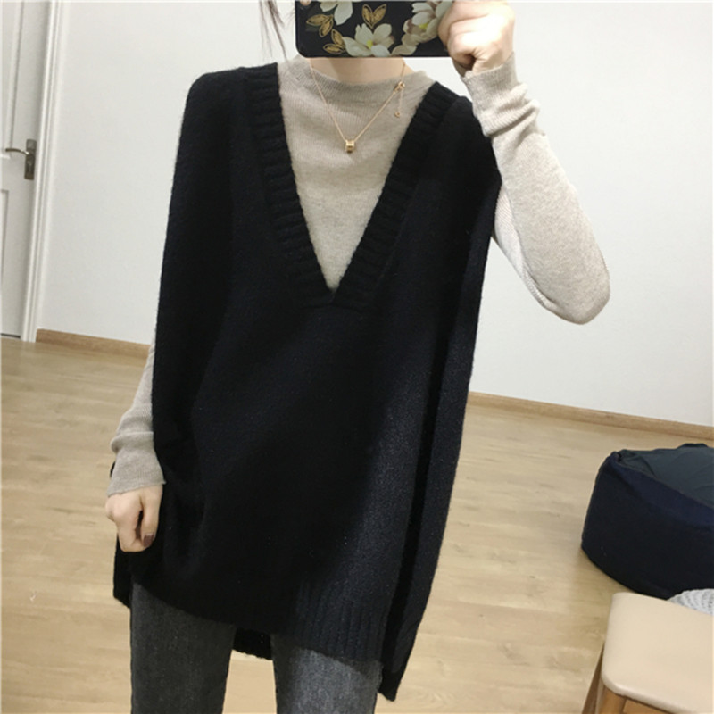 遮肉神器宽松羊毛外搭马甲女 长款v领针织背心大码毛衣坎肩外套