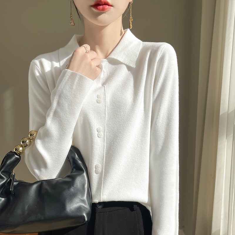 断码清仓新100%羊毛衬衫女2024新款长袖POLO翻领外穿羊绒针织打底