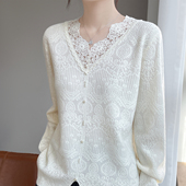 法式 可外穿上衣早秋钉珠打底衫 蕾丝拼接针织衫 女立领钩花宽松长袖