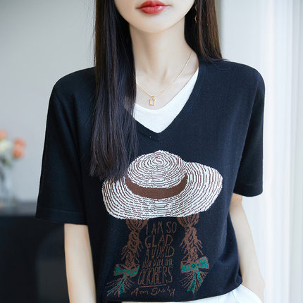 假两件短袖t恤女宽松V领针织衫洋气显瘦减龄印花新款薄款半袖上衣