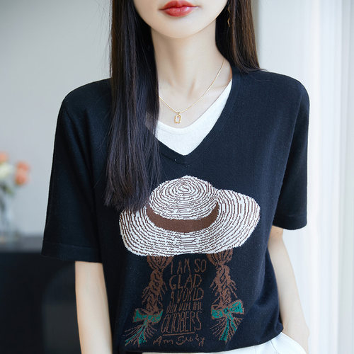 假两件短袖t恤女宽松V领针织衫洋气显瘦减龄印花新款薄款半袖上衣
