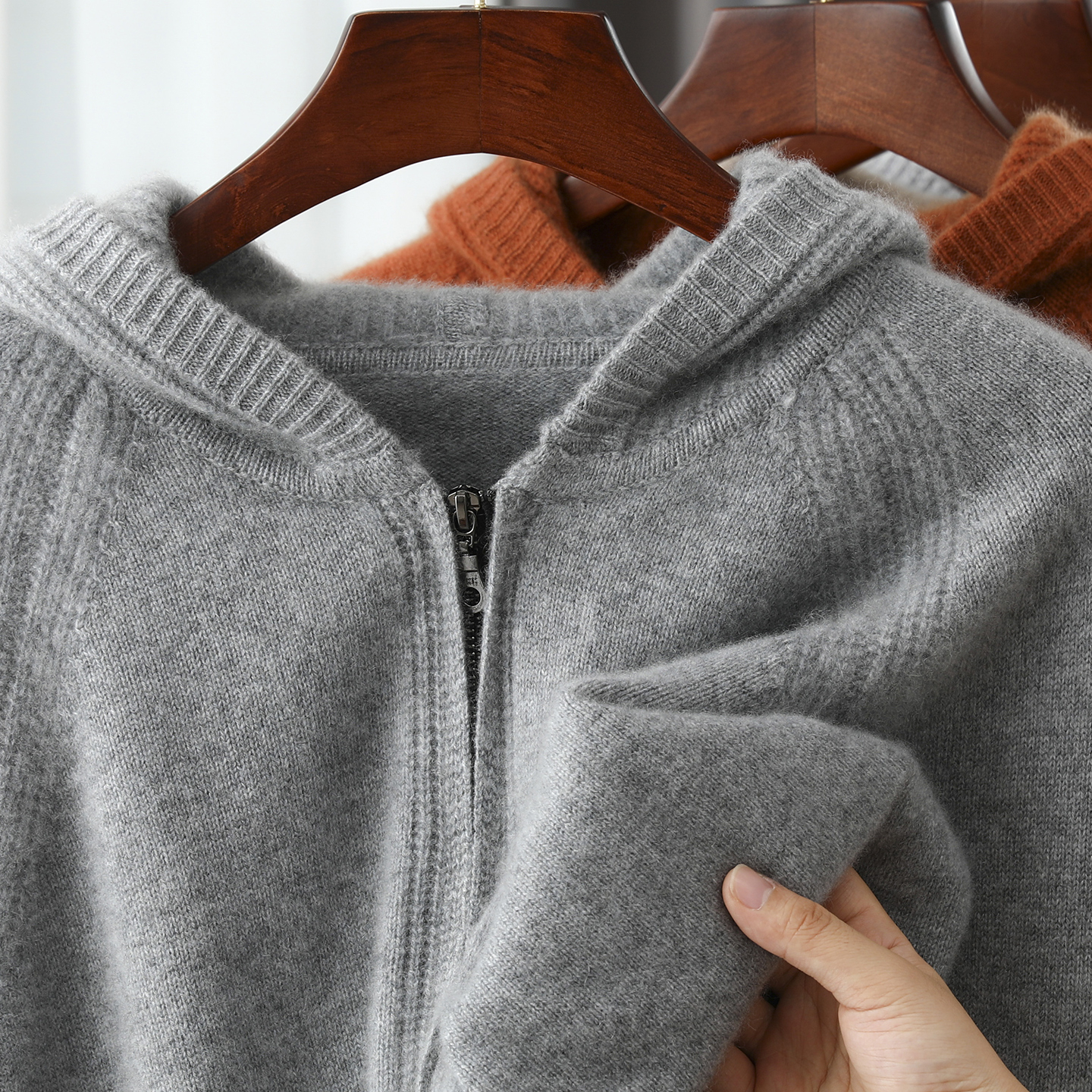 100%纯羊毛开衫男士连帽卫衣加厚拉链外套宽松休闲针织羊毛衫上衣