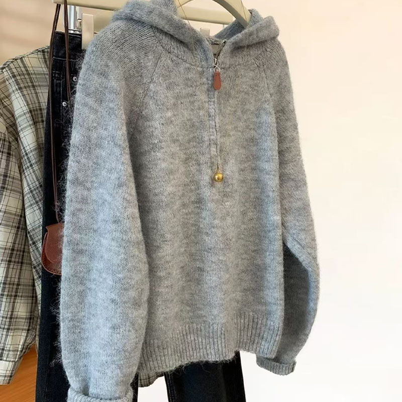 半拉链套头连帽毛衣女秋冬2025新款慵懒风软糯打底上衣加厚针织衫