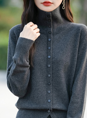 翻领灰色针织衫女开衫毛衣2024冬季新款大码显瘦高级感长袖上衣