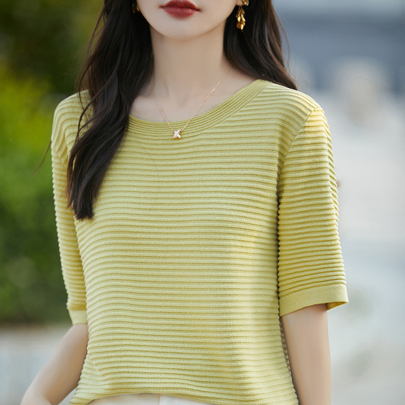 清仓捡漏~夏季新款圆领冰丝短袖宽松慵懒风羊毛短袖女薄款T恤中袖