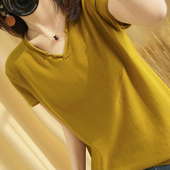 夏装 打底纯棉上衣 亚麻休闲宽松半袖 棉麻V领短袖 针织T恤女2020新款