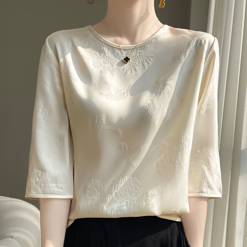 24新款夏季新中式中国风真丝提花衬衫女圆领中袖醋酸缎面宽松上衣