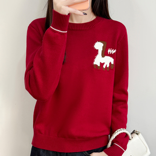 新年红卡通小马提花纯棉线针织衫女红色宽松显瘦打底毛衣上衣
