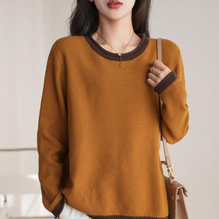 2025纯棉线针织毛衣女春秋圆领宽松拼色大码棉麻内搭打底上衣外穿