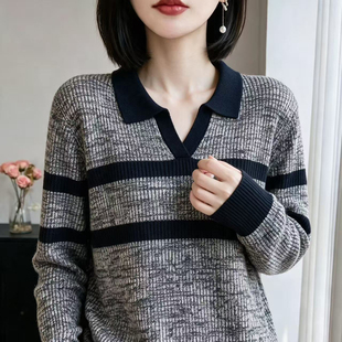 简涵轻奢高级感POLO领针织毛衣女2026新款减龄显瘦薄款条纹上衣