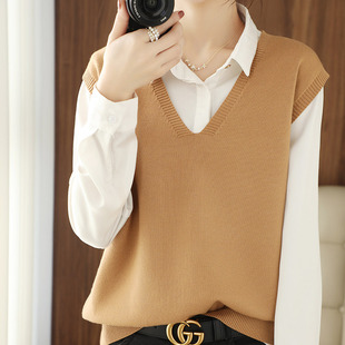 早秋新款V领外传羊毛针织马甲背心女2025年新款休闲毛衣坎肩马甲