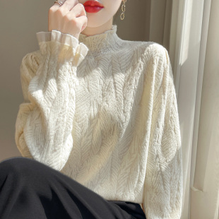 2024秋冬新款小香风洋气木耳边针织打底衫女半高领毛衣超柔软内搭