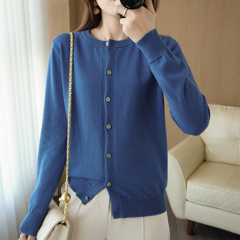 秋冬新款圆领针织开衫棉线上衣女简约纯色宽松百搭长袖毛衣外套