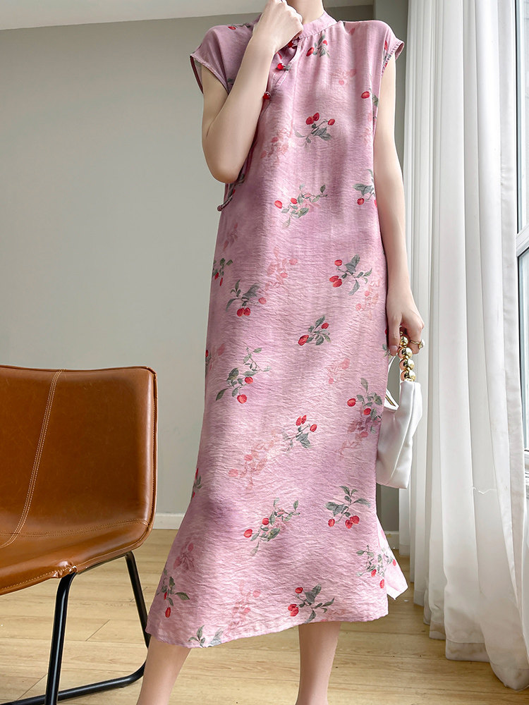 새로운 중국 스타일 국가 스타일 치파오 텐셀 코튼 드레스 느슨한 기질 여름 착용 2024 봄 새로운 중간 길이 스커트