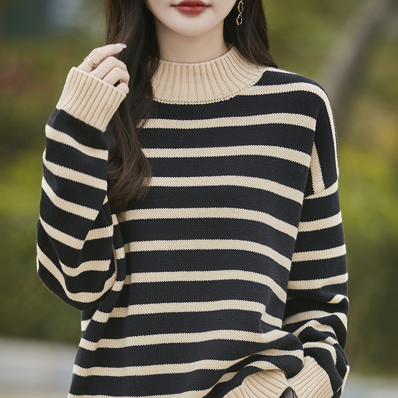 秋冬加厚半高领纯棉线针织衫女士撞色条纹毛衣宽松时尚长袖打底衫