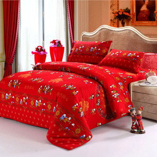 婚庆大红纯棉布料加厚磨毛床单被套枕套大炕床单定制加工四件套