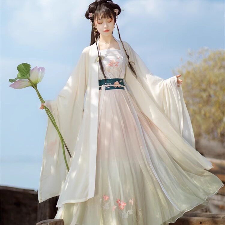 步步生莲创意汉服女中国风对襟齐腰襦裙大袖衫仙白菜全套夏
