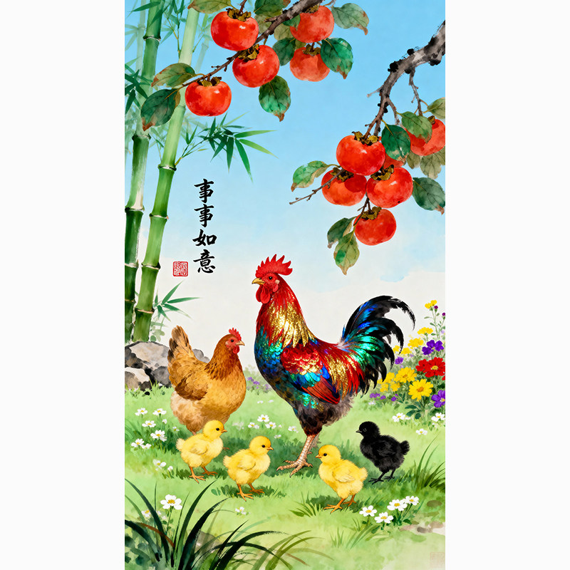 中式公鸡画田园风事事如意画玄关装饰画客厅自粘贴纸无框画