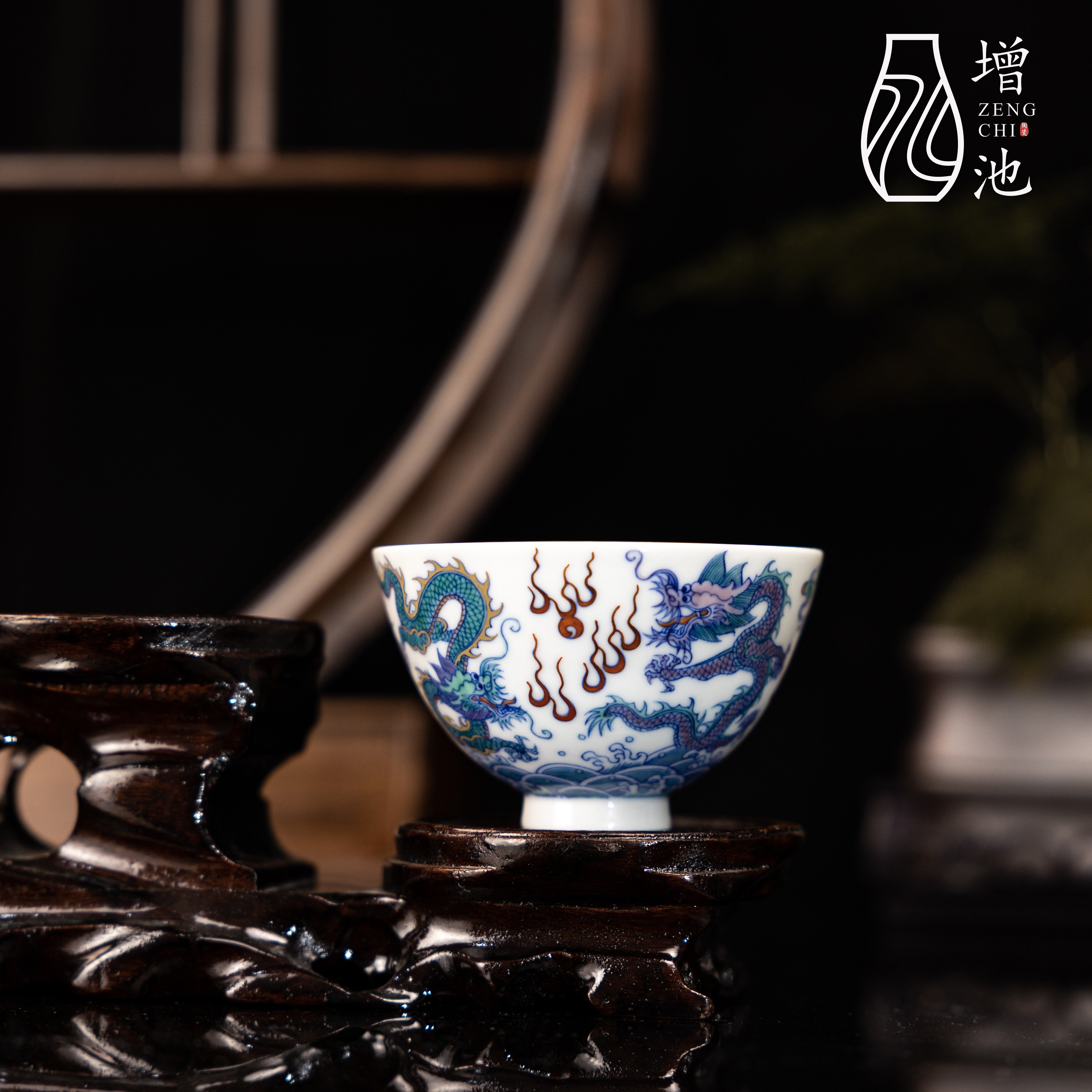 增池景德镇青花瓷全手工手绘斗彩双龙出海图茶杯高端茶具送人精品