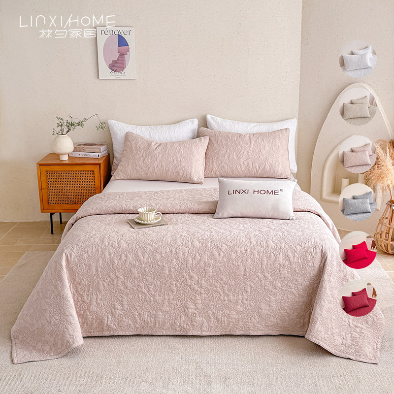 花想容 全棉床盖三件套 6色纯色大红棉婚庆绗缝夹棉床盖