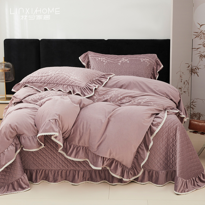 林夕家居LINXIHOME 莫奈花园 荷兰绒绗缝床盖四件套冬季刺绣花边