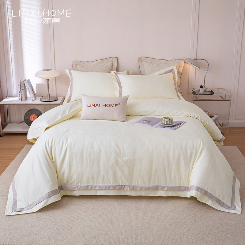 林夕· 欧诗漫 50支全棉提花床盖三件套 纯棉撞色双花边五件套